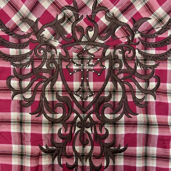 Lamasini 3/4 Sleeve Western Embroidered Embellished Plaid Button Up Shirt - Picture 7 of 9